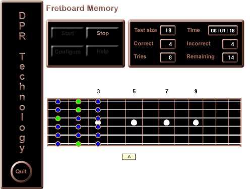 Screen shot of Fretboard Memory program depicting drag answer mode